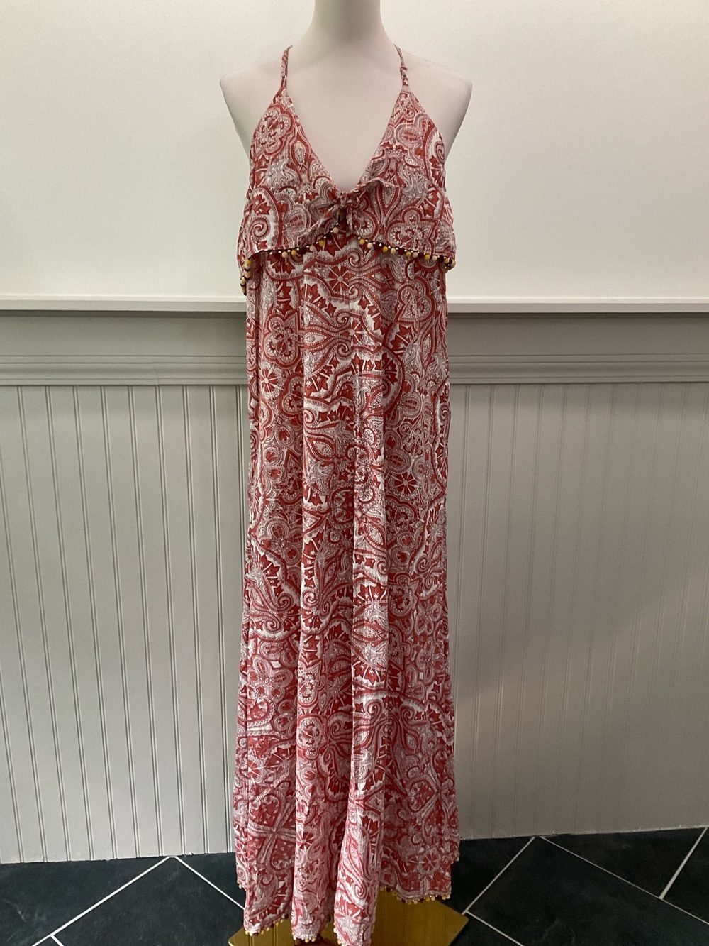 Tularosa NWT Paisley Halter Maxi Dress Beaded Pom Trim Side Slit Boho Large